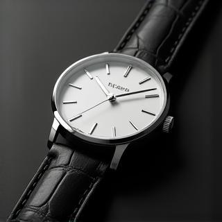 Close-up of a classic minimalist watch with a black leather strap.
